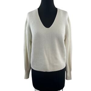 TAHARI White Sweater Chunky Knit V-Neck Drop Shoulder Pullover Size X-Small XS